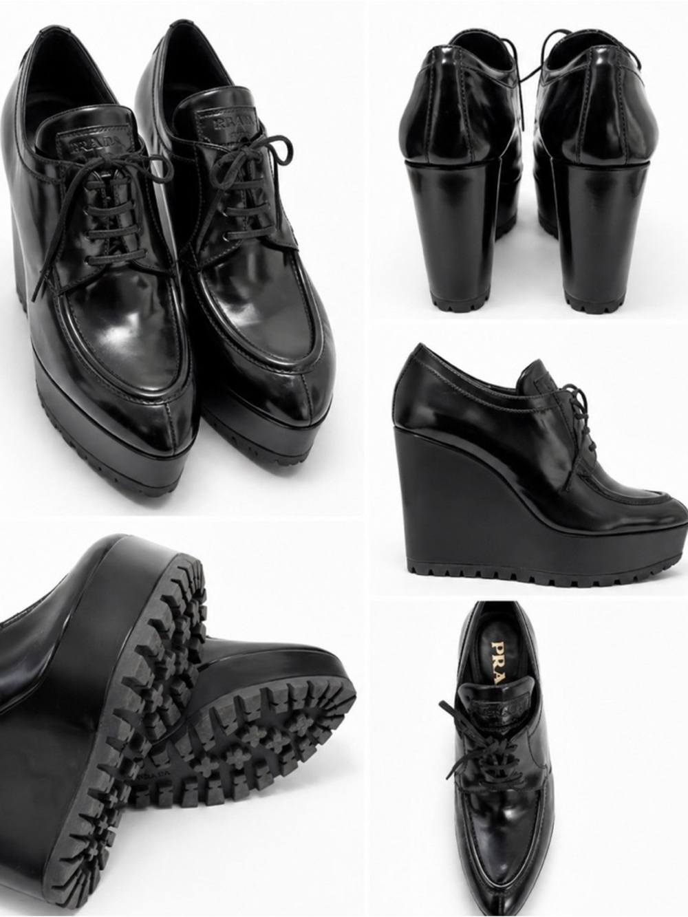 Prada Black Calf Leather Lace-Up Wedge Shoes/ Lug Sole 39